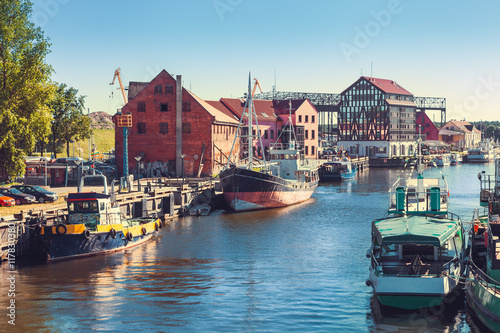 Ships and boats on Dane river in Klaipeda, Lithuania. photo