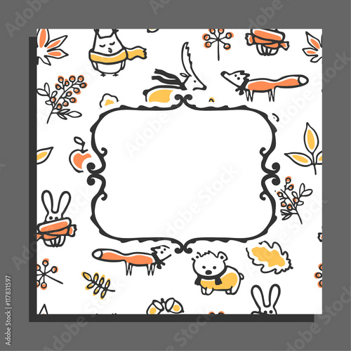 Greeting card template with autumn pattern and empty frame. Cute animals wear scarves  autumn leaves  acorns  berries