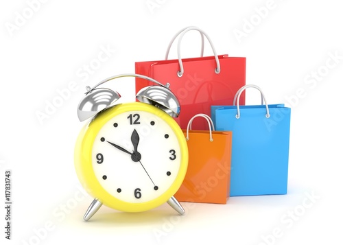 alarm clock and shopping bag (time to buy concept). 3d rendering.