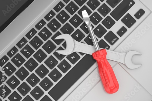 3D Illustration Wrench and screwdriver on laptop, service concept