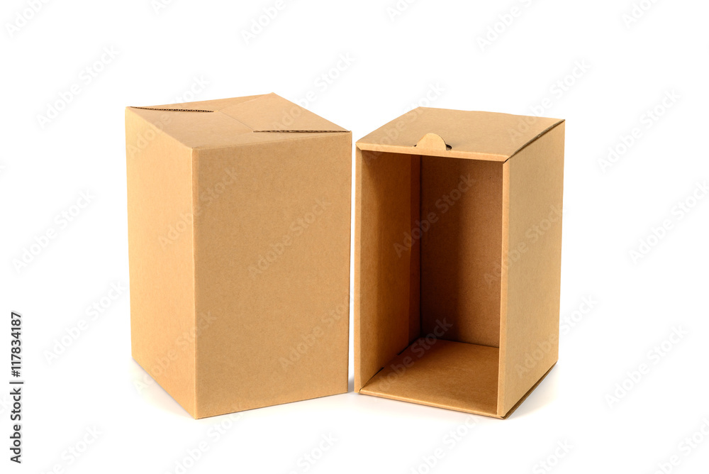 Brown cardboard box package with cover, isolated on white backgr Brown cardboard box package with cover, isolated on white backgr