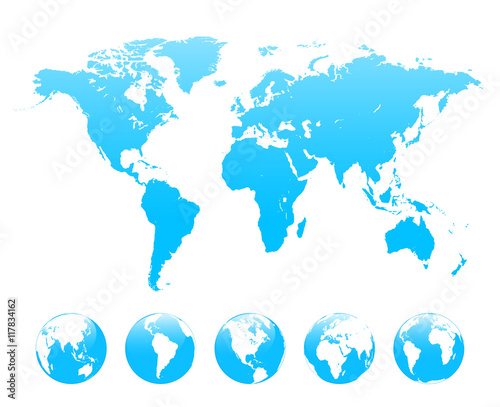 World map and set of Earth globe vector