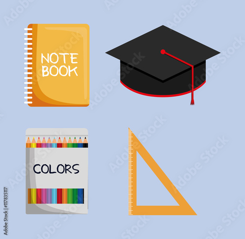 Notebook graduation cap colors ruler icon. School implements. Vector graphic