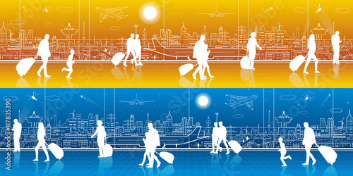 Airport terminal, aircraft on runway, airplane takeoff, aviation scene, people expect flight, transportation infrastructure on background, day and night, vector design art