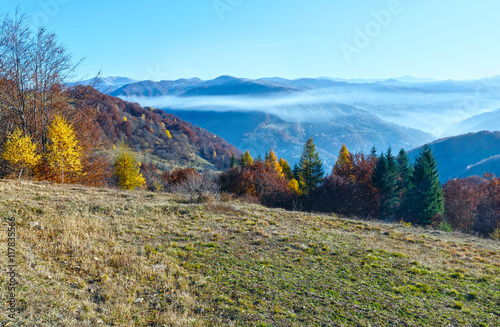 Morning fog in autumn Carpathian.