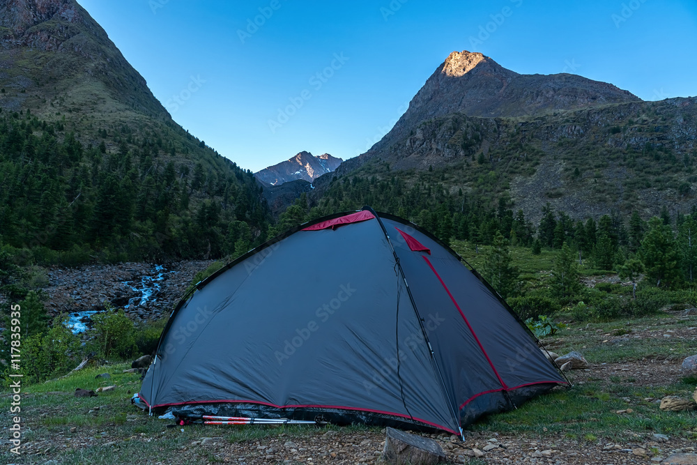 tourist tent in the morning Tunka range