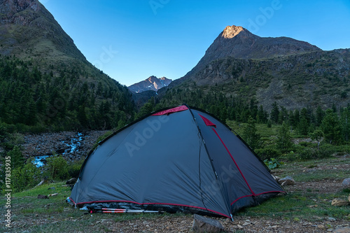 tourist tent in the morning Tunka range