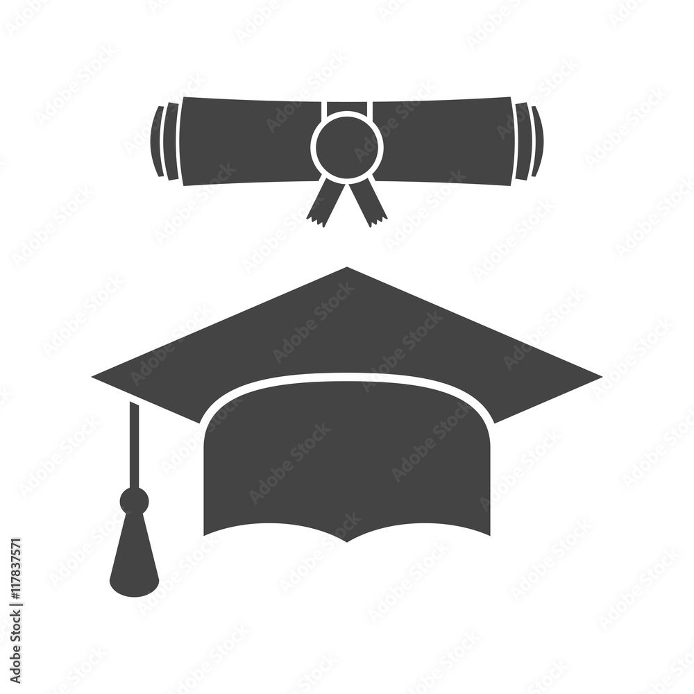 Graduation cap and diploma scroll icon vector illustration in flat ...