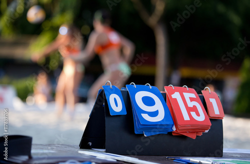 Scoreboard on beach volleyball match
