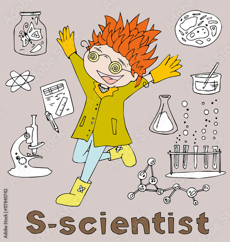 the professions scientist in alphabetical order cartoon hand drawn outline for coloring adult isolated on the  background