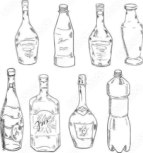 Set of bottles drawn by ink. Hand drawn vector illustration.