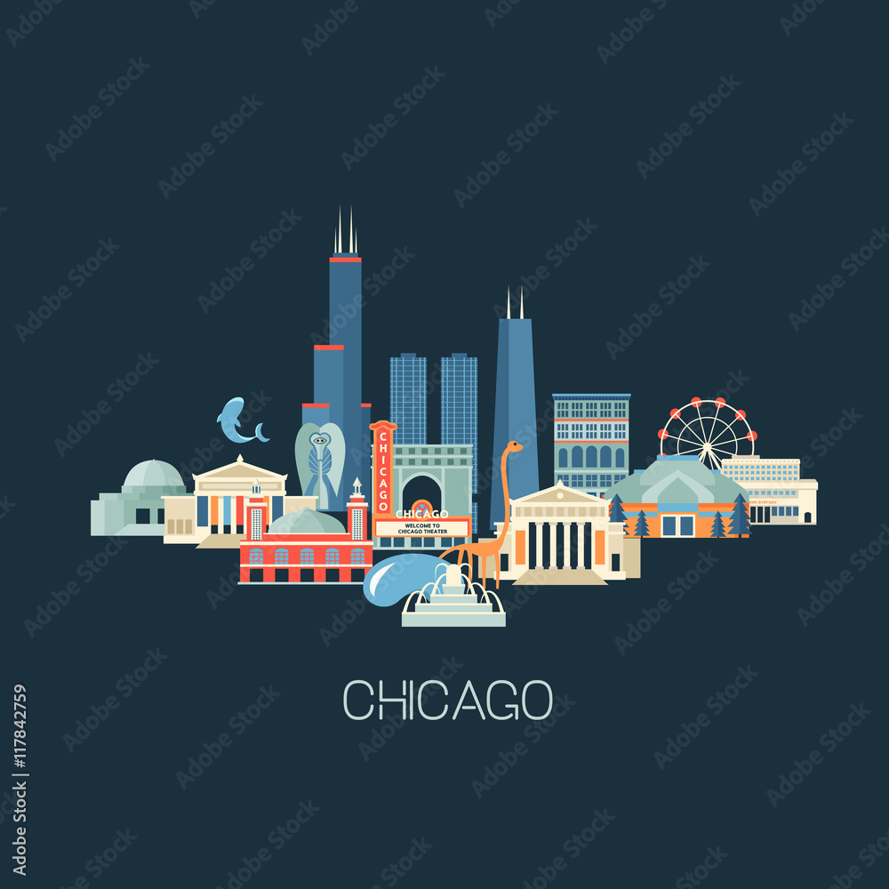 Fototapeta premium Ilustracja wektorowa panoramę Chicago z słynnych zabytków. Kartka z życzeniami lub plakat z zabytkowymi budynkami, zwiedzaniem i znanymi muzeami. Płaski styl.