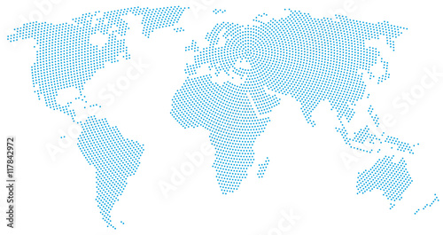 World map radial dot pattern. Blue dots going from the center outwards and form the silhouette of the surface of the Earth under the Robinson projection. llustration on white background.