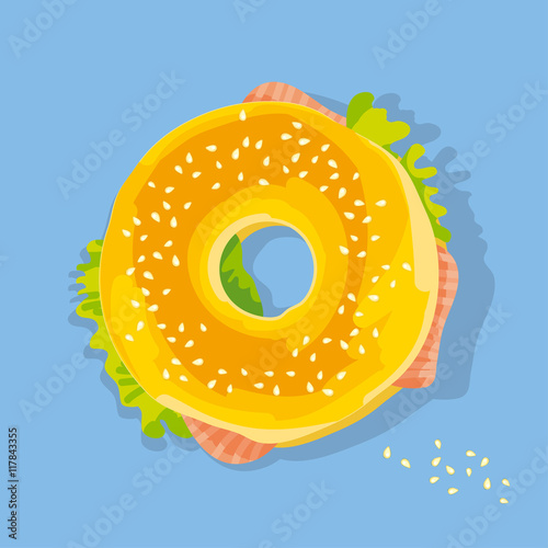 fast food salmon sandwich. bagel with seed flat style poster. fo