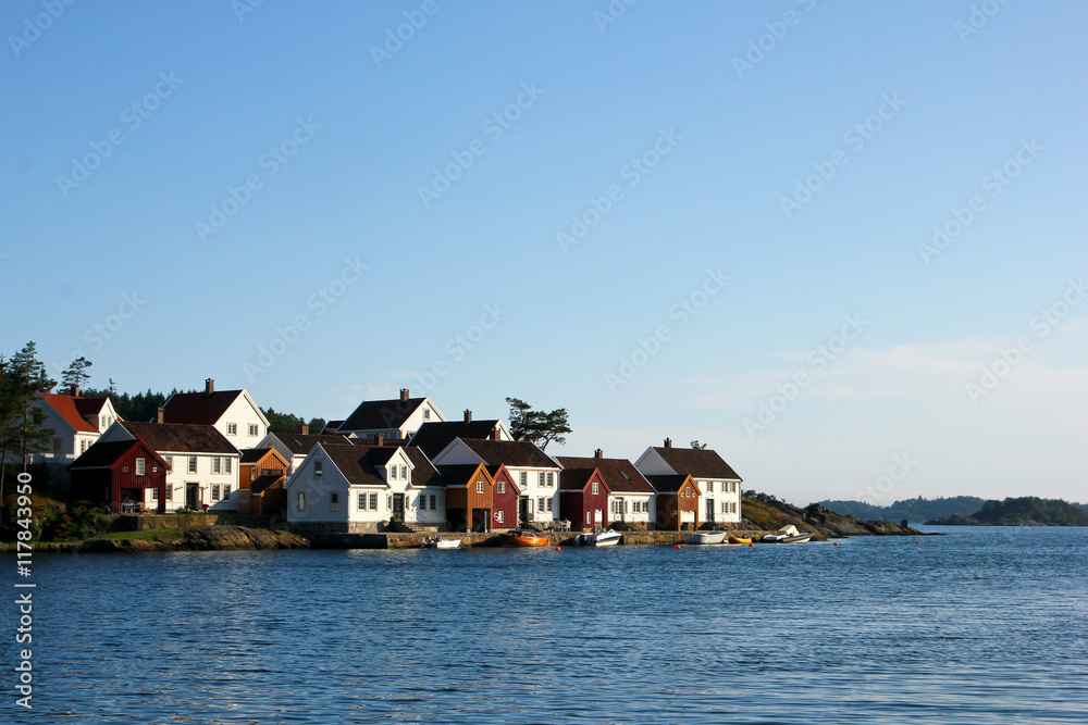 The traditional wooden houses by the sea in Norway.