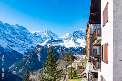 Snow mountains view from hotel windows or balcony in Murren, Switzerland