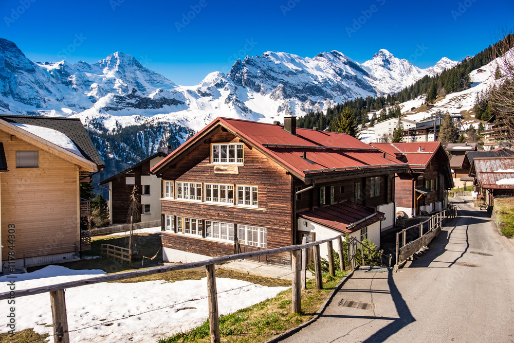 Murren village with snow mountains view, Switzerland Murren village with snow mountains view, Switzerland
