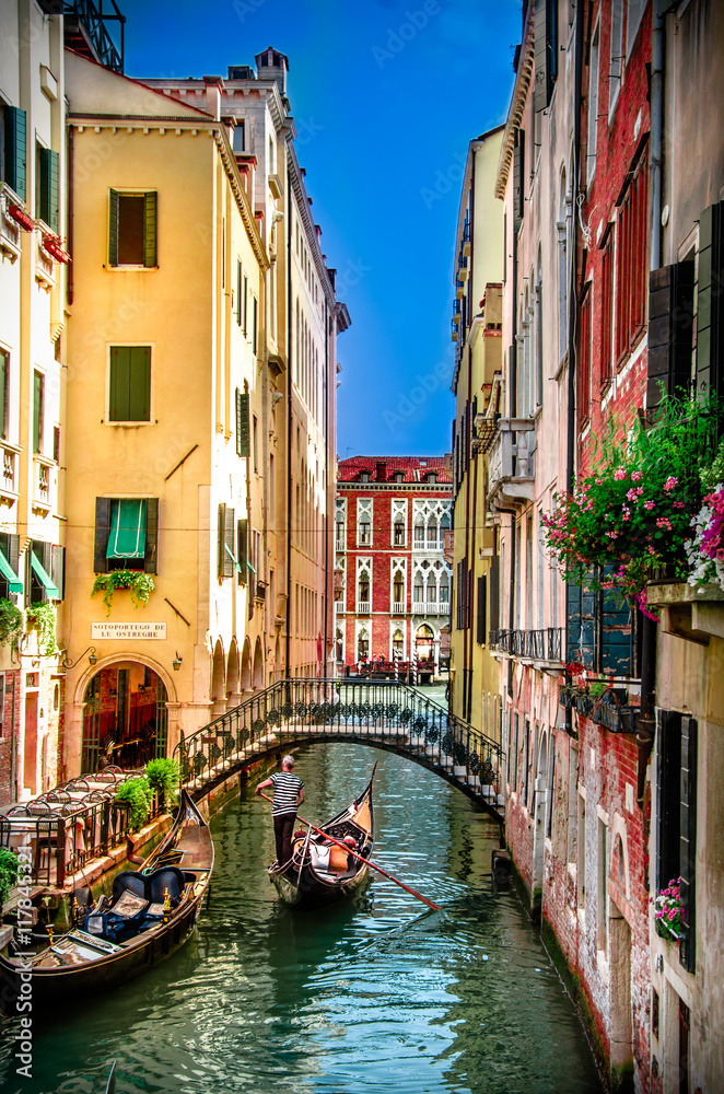 Beautiful scene with traditional gondola and canal in Venice, Italy - obrazy, fototapety, plakaty 