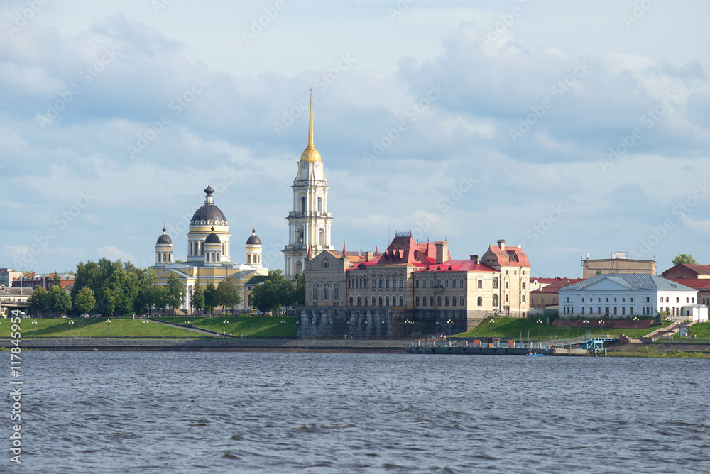 View on the Spaso-Preobrazhensky Cathedral and the building of bread exchange from the left Bank of the Volga river. Rybinsk, Russia