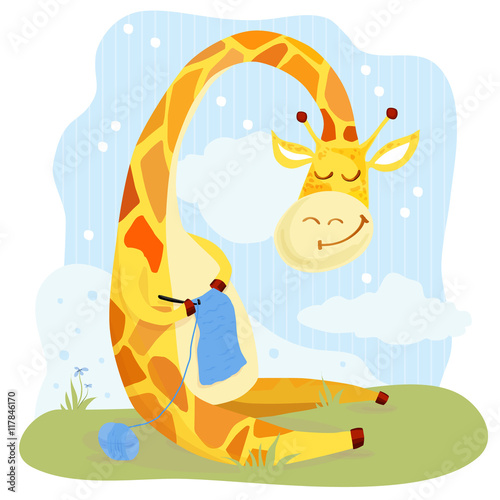 Giraffe with knitting. Clouds and flower. Vector illustration.