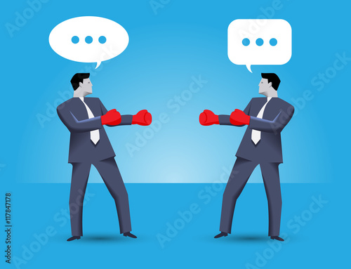 Tough negotiation business concept. Two businessmen standing against each other, wearing boxer gloves and ready to fight, but still trying to solve their problems via negotiation.
