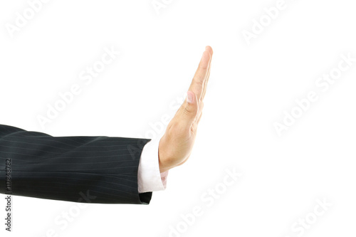 Businessman gesturing with his hand on white background