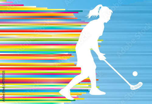 Floorball player woman silhouette hockey with stick and ball ill