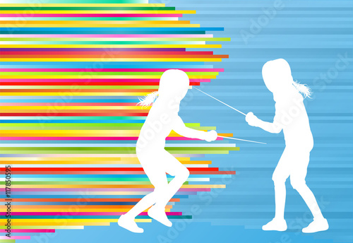 Fencing sport woman training with sword vector abstract backgrou