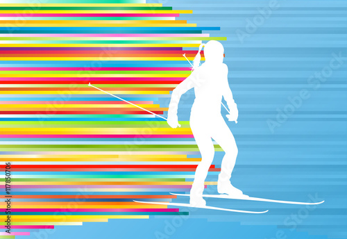 Skiing woman abstract vector illustration with colorful stripes