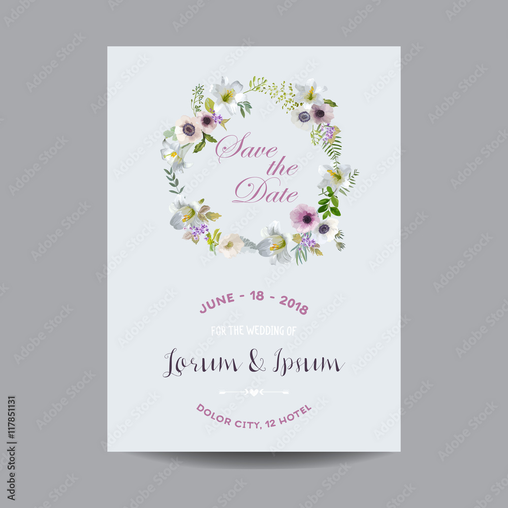 Save the Date Wedding Card.  Lily and Anemone Flowers. Vector Flowers