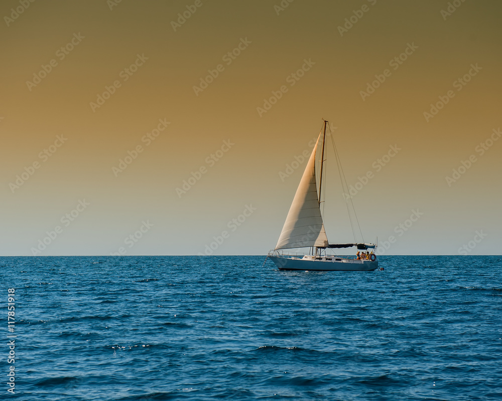 Sailing Boat at Sea, Side View.