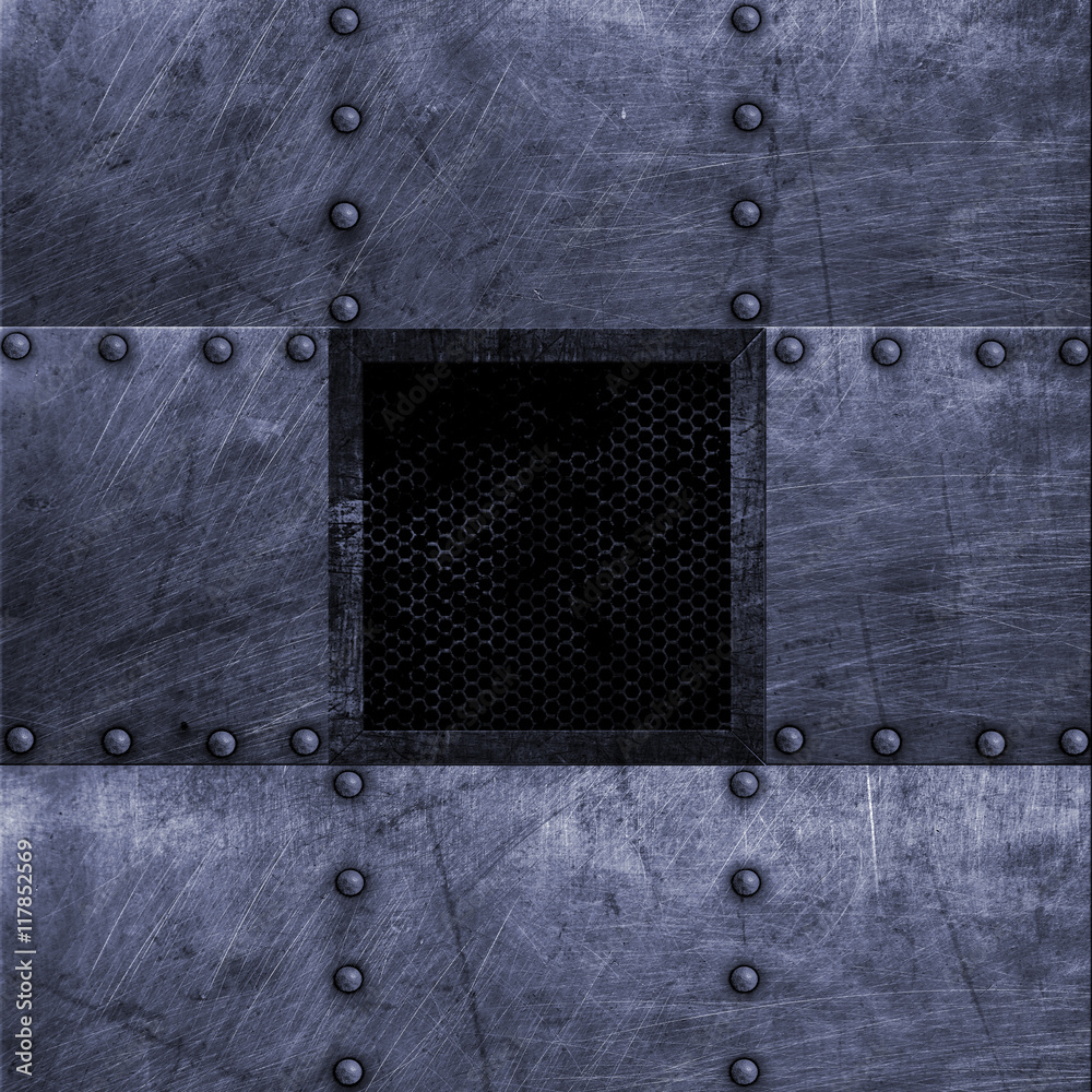 grunge metal plate and grid window. 3d illustration.