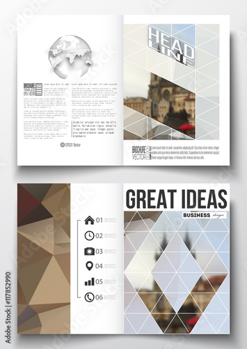 Set of business templates for brochure, magazine, flyer, booklet or annual report. Polygonal background, blurred image, urban landscape, Prague cityscape, modern triangular texture