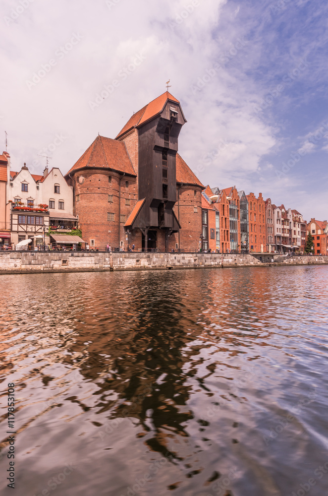 Medieval crane (Zuraw) in Gdansk, Poland, seen from the Motlawa river