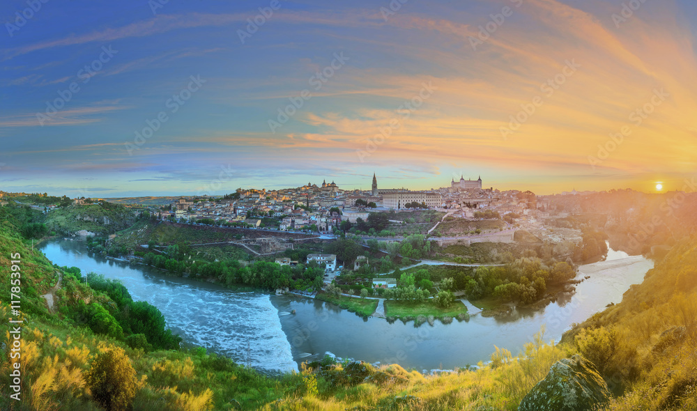 Panoramic view of ancient city and Alcazar on a hill over the Tagus River, Castilla la Mancha, Toledo, Spain