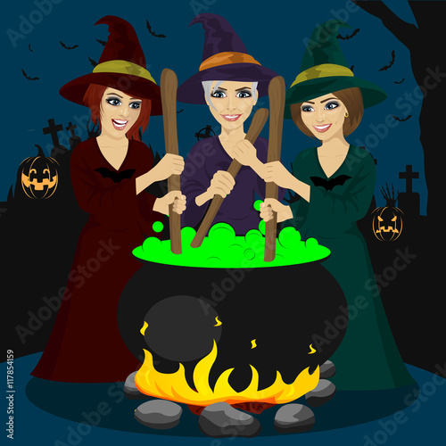 three halloween young witches making potion