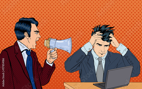Angry Boss Screaming in Megaphone on his Worker. Pop Art. Vector