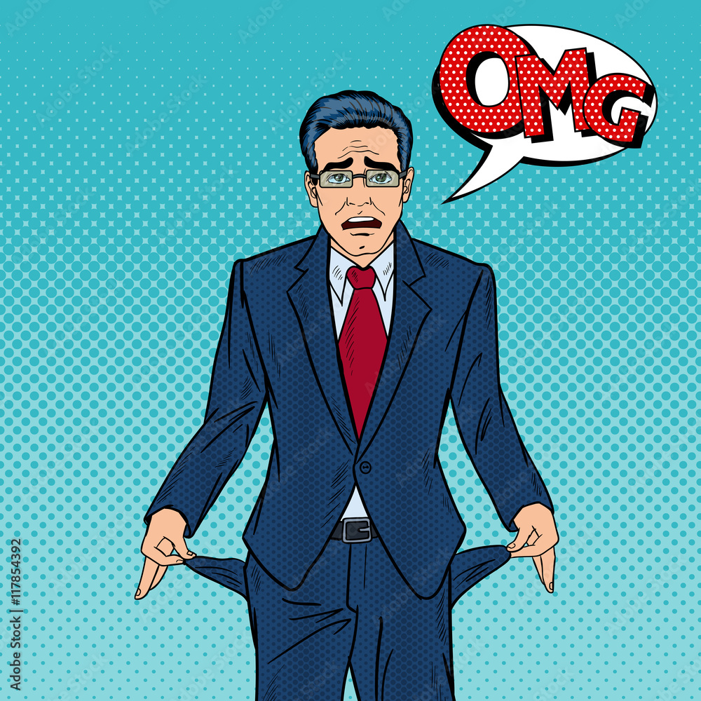 Broke Businessman Showing Empty Pockets. Pop Art Vector illustration Stock Vector Adobe Stock