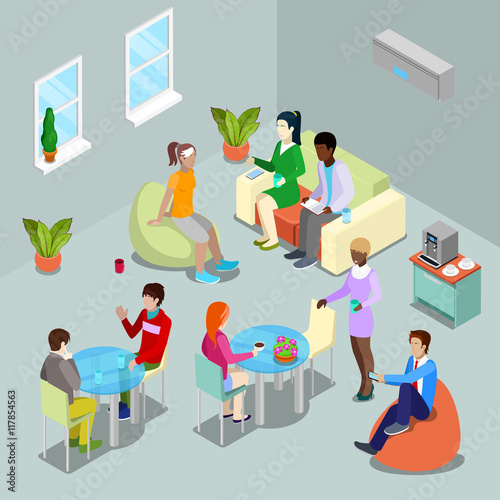 Isometric Interior Office Canteen and Relax Area with People. 
