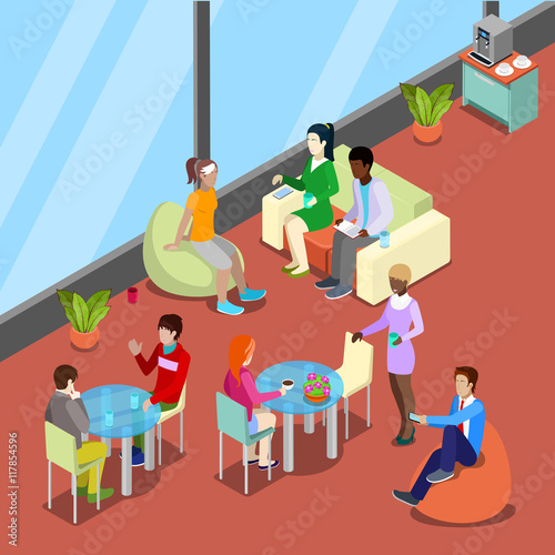 Isometric Interior Office Canteen and Relax Area with People. 