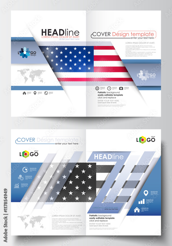 Business templates for brochure, magazine, flyer, booklet or annual report. Cover design template, easy editable blank, abstract flat layout in A4 size. Patriot Day background with american flag.