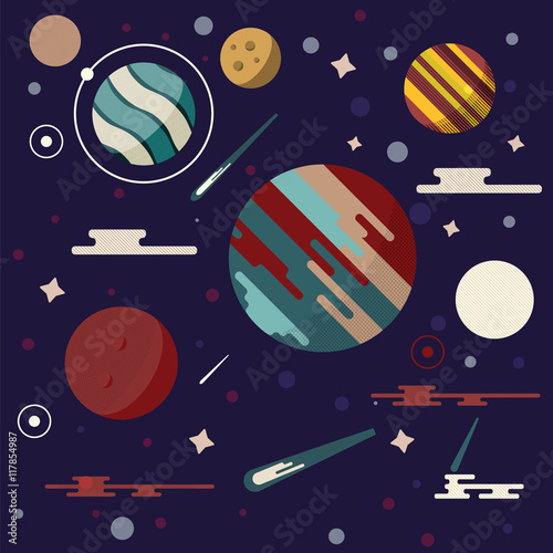 Planets in space vector illustration. Abstract planets icon in flat style. Planets galaxy on dark background. Comets, stars, meteors and other universe symbols. 