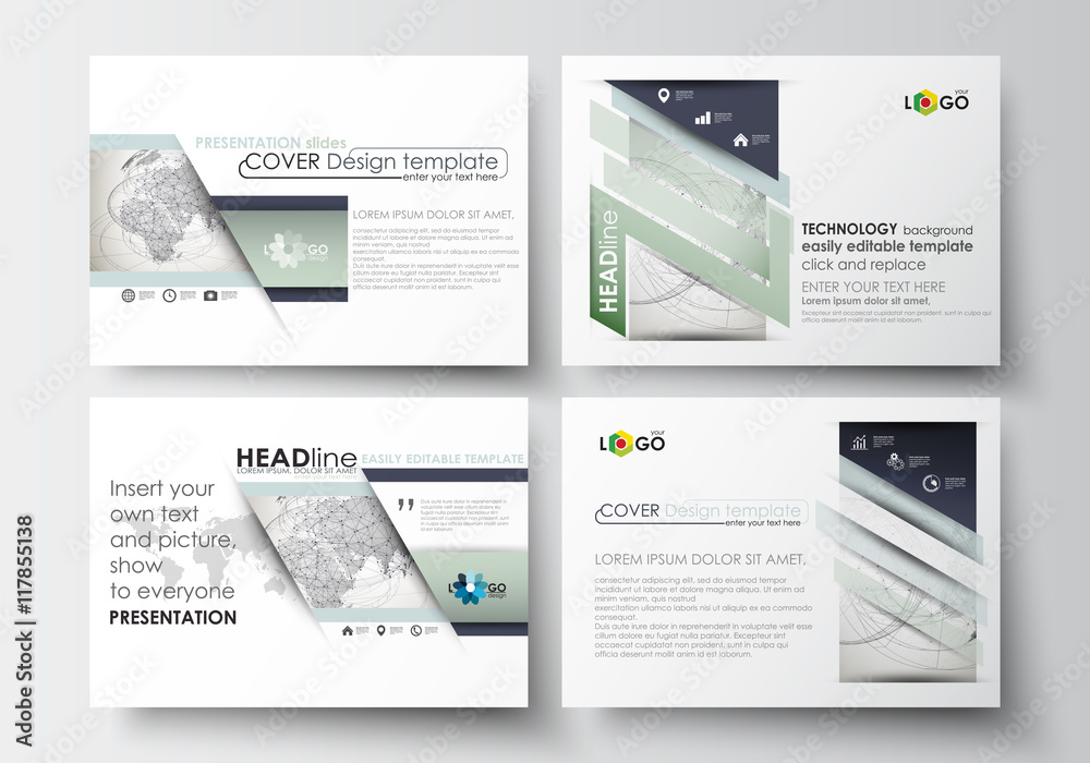 Set of business templates for presentation slides. Easy editable layouts in flat design. Dotted world globe with abstract construction and polygonal molecules on gray background, vector illustration