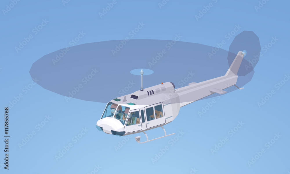 White helicopter against the blue background. 3D lowpoly isometric vector illustration