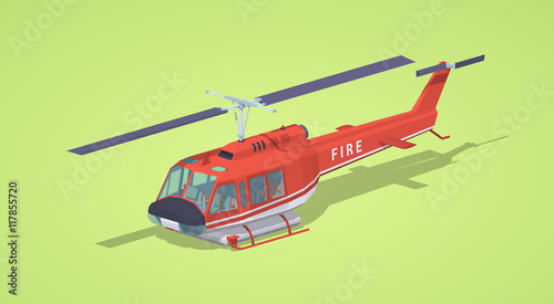 Fire helicopter against the green background. 3D lowpoly isometric vector illustration