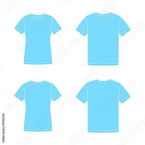 Mens and womens blue short sleeve t-shirts templates. Front and back views. Vector flat illustrations