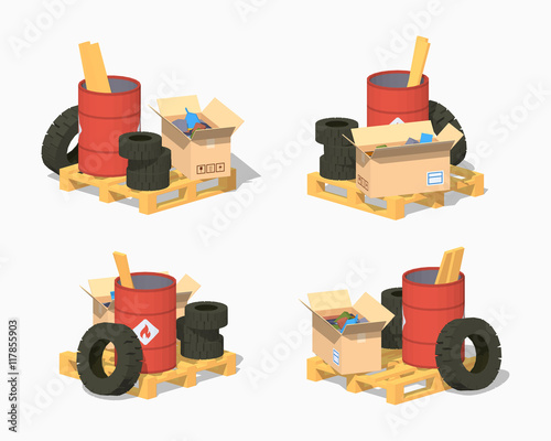 Pile of trash. 3D lowpoly isometric vector illustration. The set of objects isolated against the white background and shown from different sides