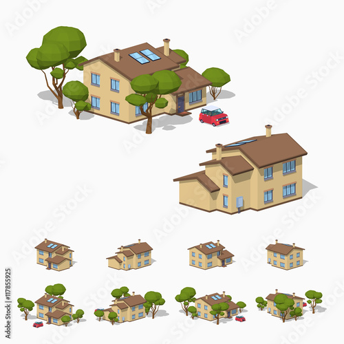 Suburban house. 3D lowpoly isometric vector illustration. The set of objects isolated against the white background and shown from different sides