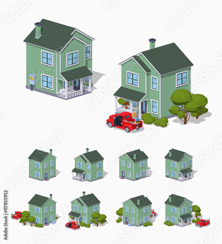 Suburban house. 3D lowpoly isometric vector illustration. The set of objects isolated against the white background and shown from different sides