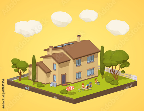Barbecue in the backyard. 3D lowpoly isometric vector concept illustration